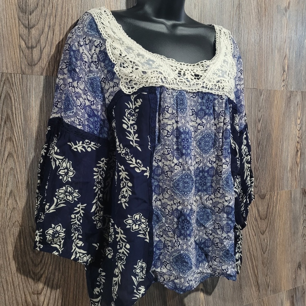 Bila Sheer Boho Peasant Blouse Size L Blue Crochet Neck 3/4 Slv Lightweight - Picture 2 of 13